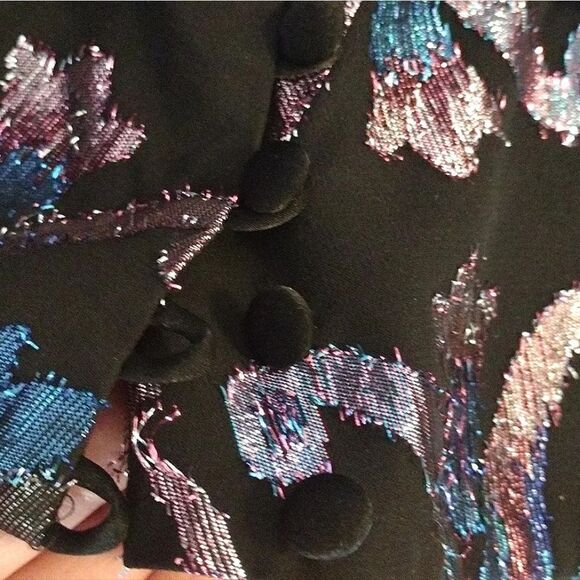 VTG 70s Black Blue Lurex Metallic Long Sleeve Panelled Hem Disco Blouse Medium - Picture 9 of 16